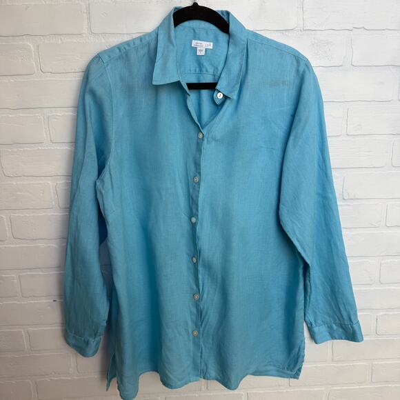 J.Jill Love Linen Essential Shirt Turquoise Blue Long Sleeve Button Down sz L - Picture 1 of 6